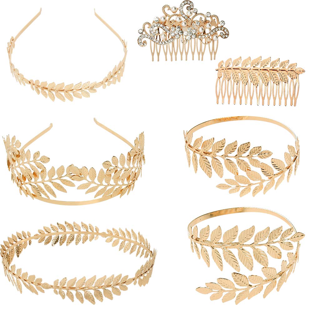 7 Pieces Greek Roman Laurel Leaf Bracelet Armband Golden Laurel Leaves Crown Tiara Costume Accessories Womens Leaf Headband Coil Bracelet Hair Comb Bridal Wedding