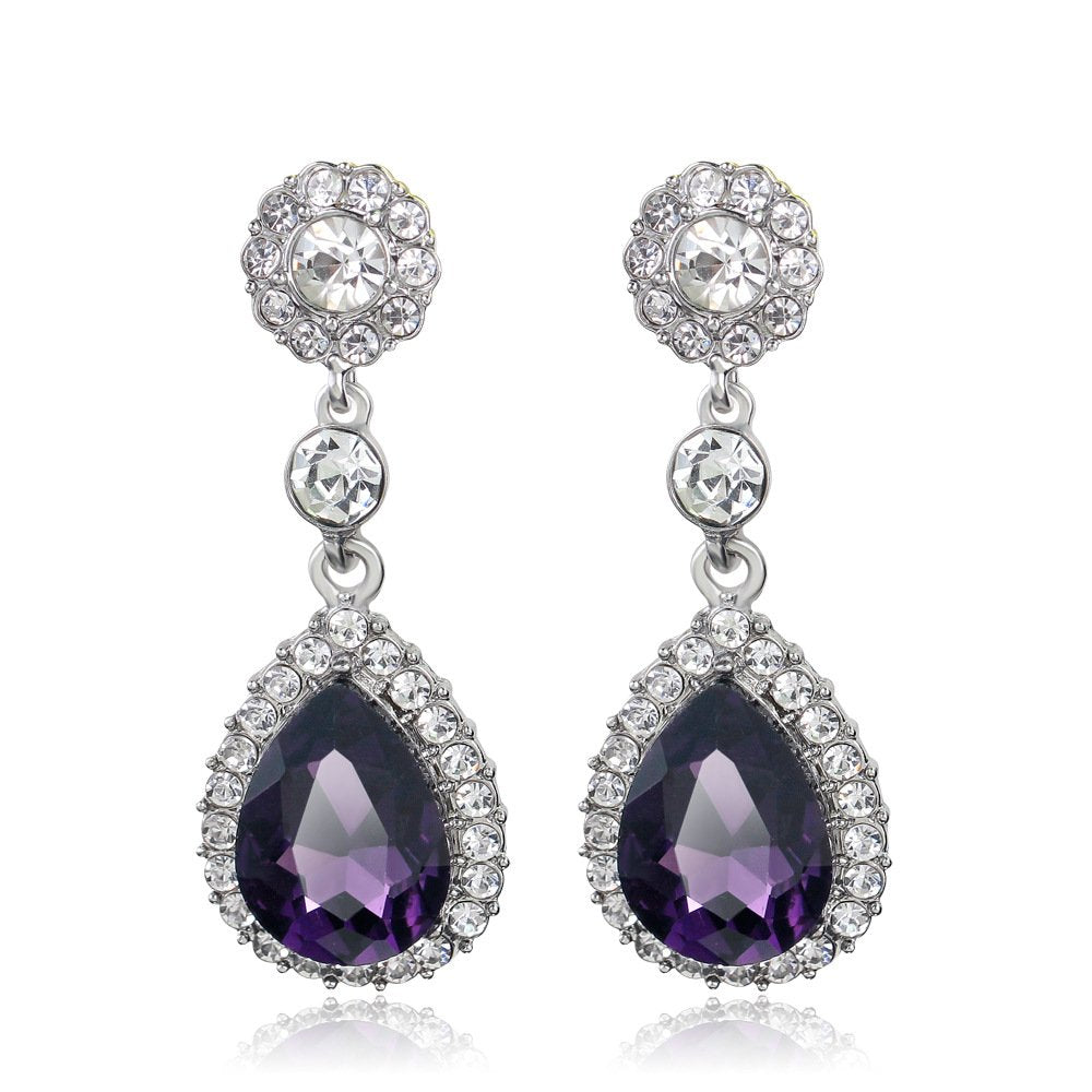 Vintage Style Teardrop Crystal Rhinestones Earrings Dangling for Women Brides Elegant Earrings for Wedding, Brides and Bridesmaids (Purple)