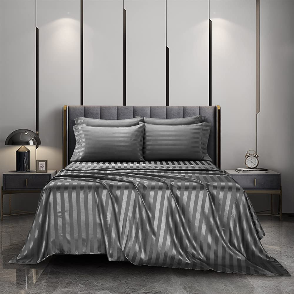 6 Piece Satin Italian Style Bed Sheet Set Deep Pocket Stripes 1800 Luxury Rich Silk 1 Flat Sheet 1 Fitted Sheet 4 Envelope Pillowcases Stain-Resistant Wrinkle Free (King, Grey)