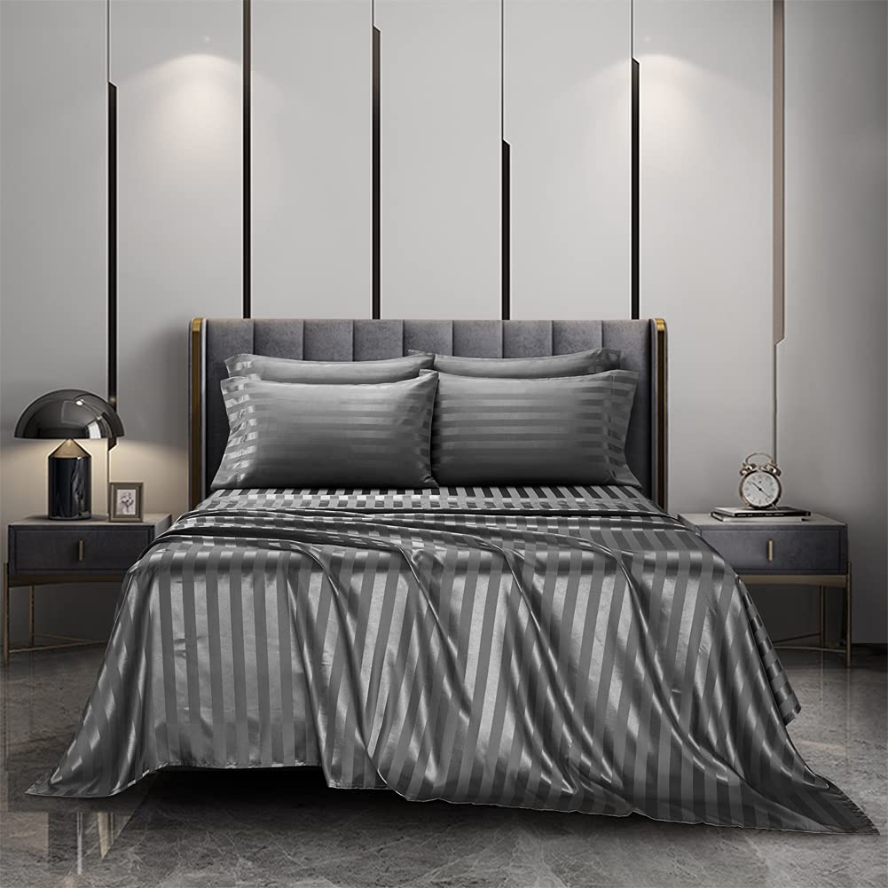 6 Piece Satin Italian Style Bed Sheet Set Deep Pocket Stripes 1800 Luxury Rich Silk 1 Flat Sheet 1 Fitted Sheet 4 Envelope Pillowcases Stain-Resistant Wrinkle Free (King, Grey)