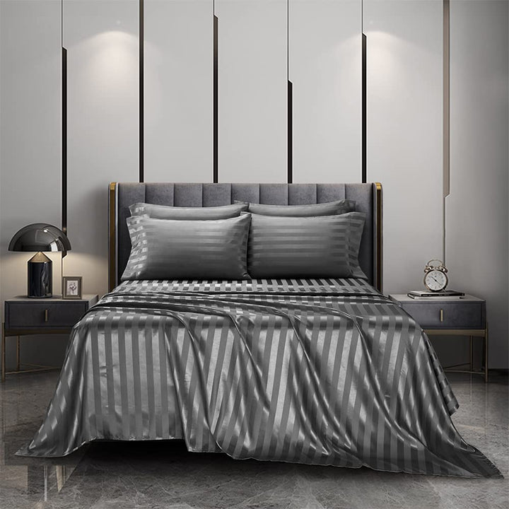 6 Piece Satin Italian Style Bed Sheet Set Deep Pocket Stripes 1800 Luxury Rich Silk 1 Flat Sheet 1 Fitted Sheet 4 Envelope Pillowcases Stain-Resistant Wrinkle Free (King, Grey)