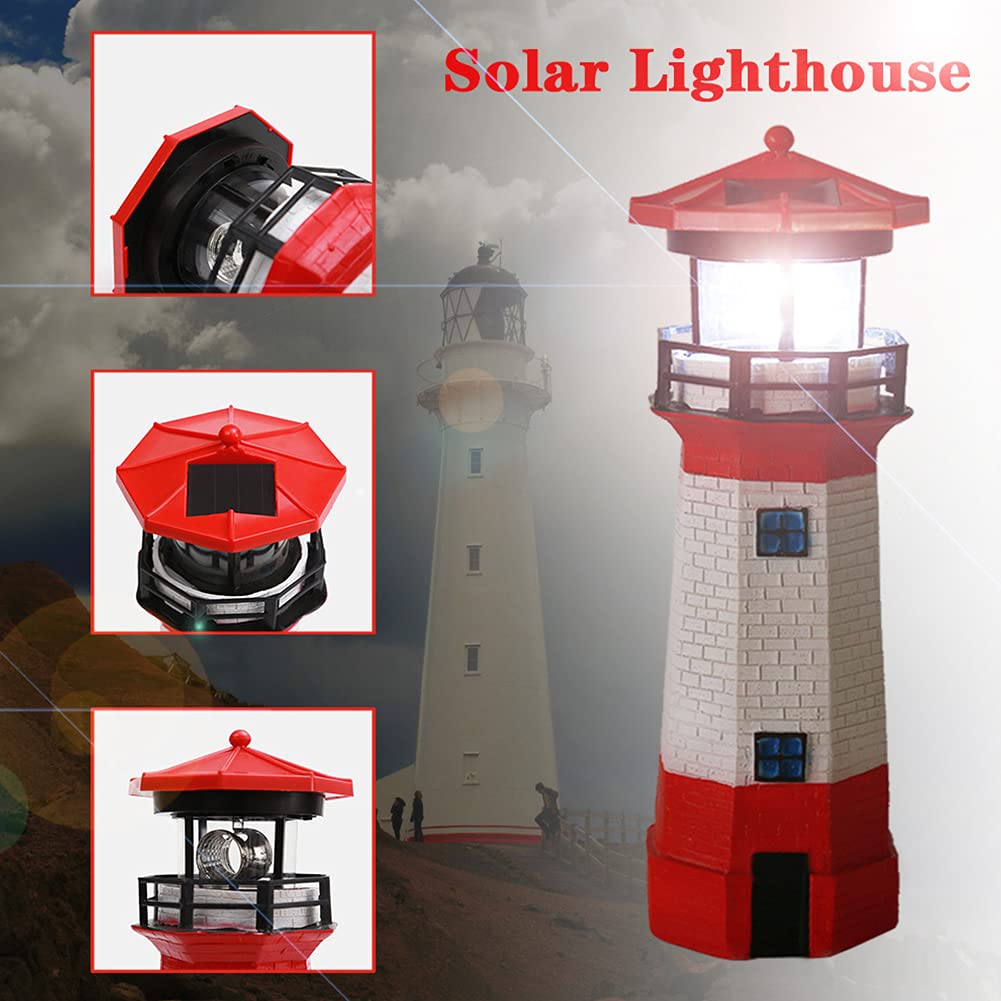 Solar Powered Lighthouse, Garden Lights, Solar Lighthouse Statue with Rotating Lamp, Rotating Spinning Bright Outdoor Patio Yard Garden Lawn Decoration(Red)