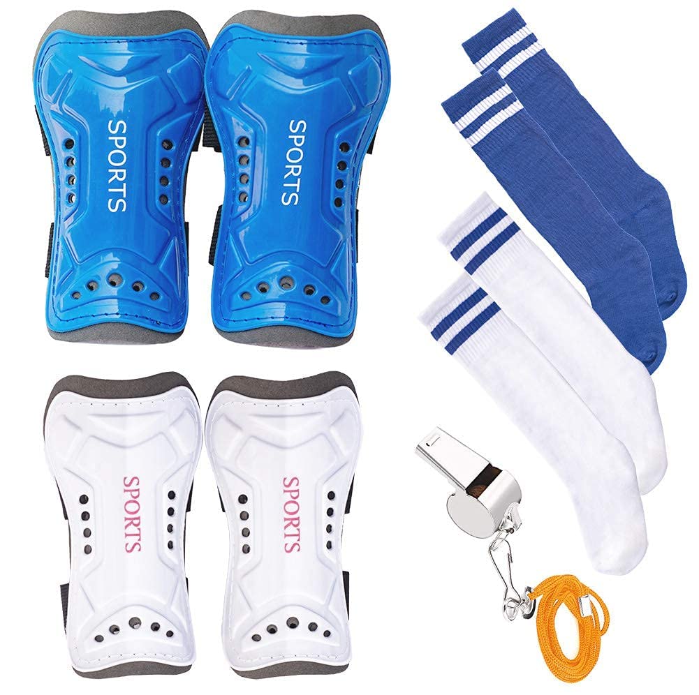 2 Pair Kids Soccer Football Shin Guards Protector Calf Knee Protective Gear and 2 Pair Long Sleeve Socks with Professional Referee Whistle for Teenagers,Boys,Girls,Kid,Youth (Age 5 to 13)