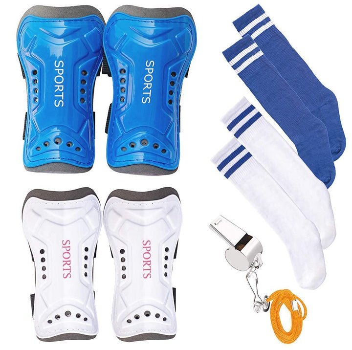 2 Pair Kids Soccer Football Shin Guards Protector Calf Knee Protective Gear and 2 Pair Long Sleeve Socks with Professional Referee Whistle for Teenagers,Boys,Girls,Kid,Youth (Age 5 to 13)