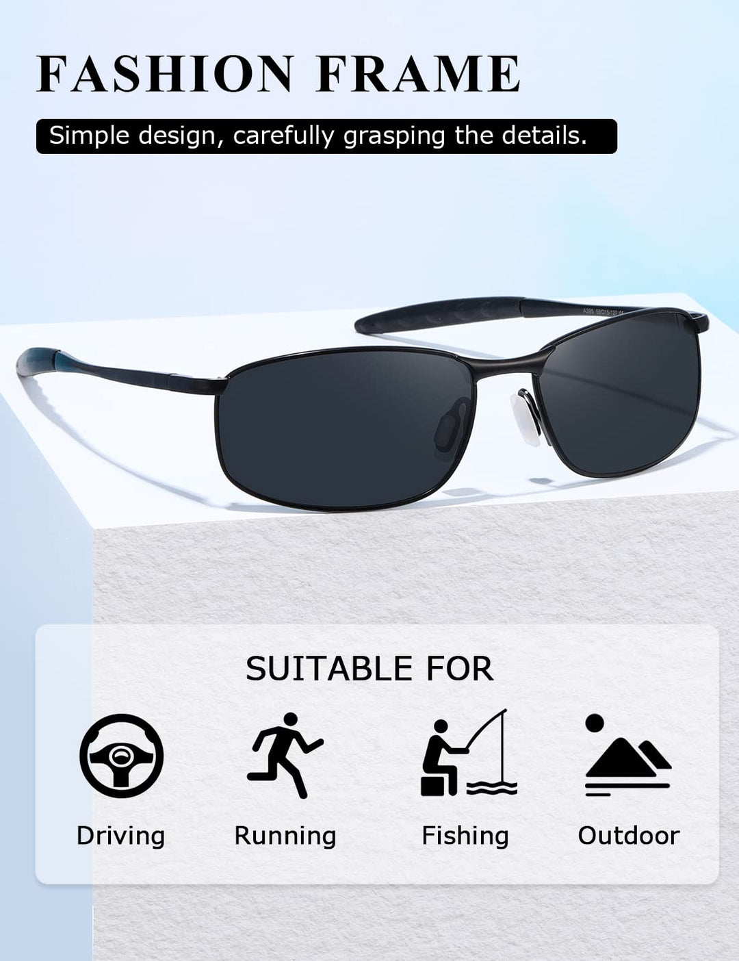 Polarized Sunglasses For Men Rectangle Metal Frame Retro Sun Glasses AE0395 (Black, 59)