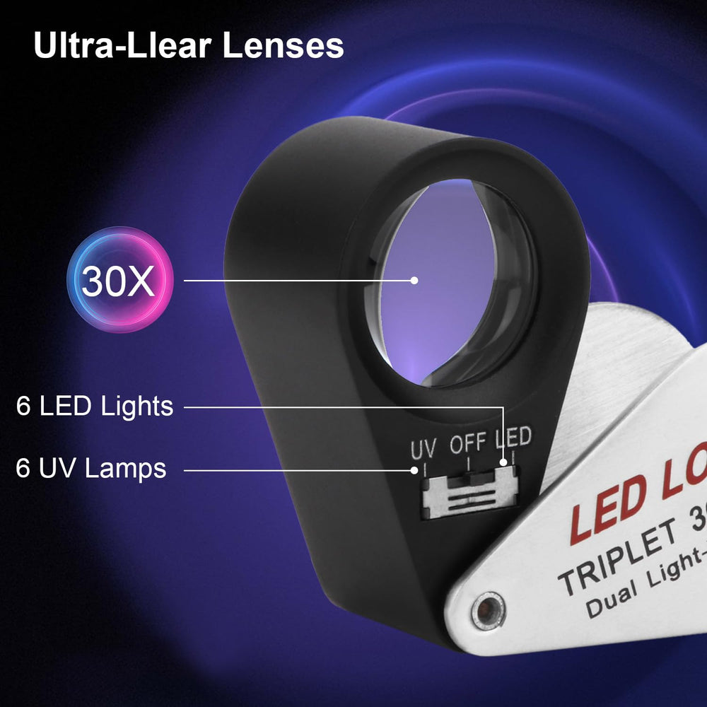 Jewelers Loupe Magnifying Glass with Lights, 30X Small Magnifier Glass, Portable Jewelry Loop Magnifying Lens for Reading Diamonds Gems Hobbies Stamps Watch Repair (30X-21mm)