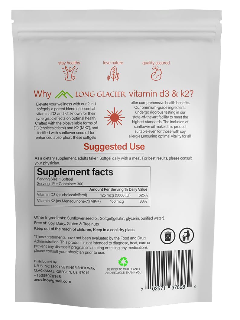 D3 5000 IU with K2 100 mcg, 300 SoftGels | D3 + K2 Supplement to Support Immune, Heart, Joint, Teeth and Bone Health | 300 Day Supply, Easy to Swallow