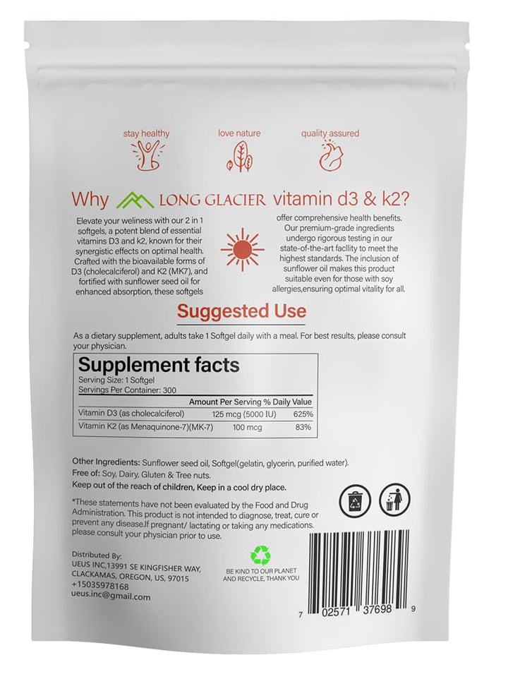 D3 5000 IU with K2 100 mcg, 300 SoftGels | D3 + K2 Supplement to Support Immune, Heart, Joint, Teeth and Bone Health | 300 Day Supply, Easy to Swallow