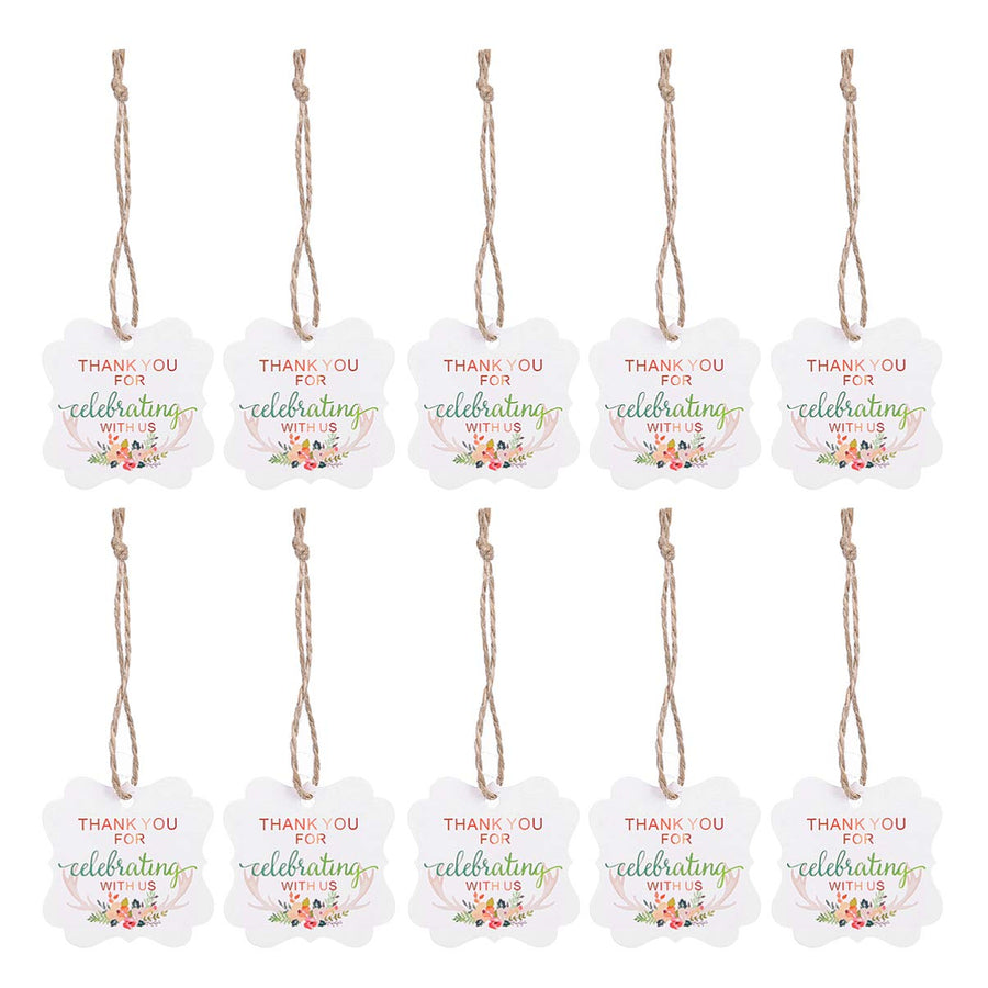 50pcs Wedding Favor Gift Tags Thank You Tags Thank You for Celebrating with Us Pattern with Hemp Rope for Wedding Party Favor (Antler Printing)