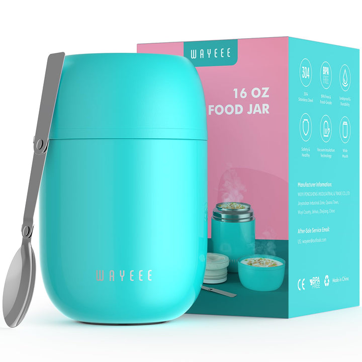 Food Containers for Hot Food Insulated Food Jar, Vacuum Bento Box Lunch Containers 16 oz for Kids Adults, Airtight Stainless Steel Soup Containers with Spoon, for School, Travel, Picnic - Blue