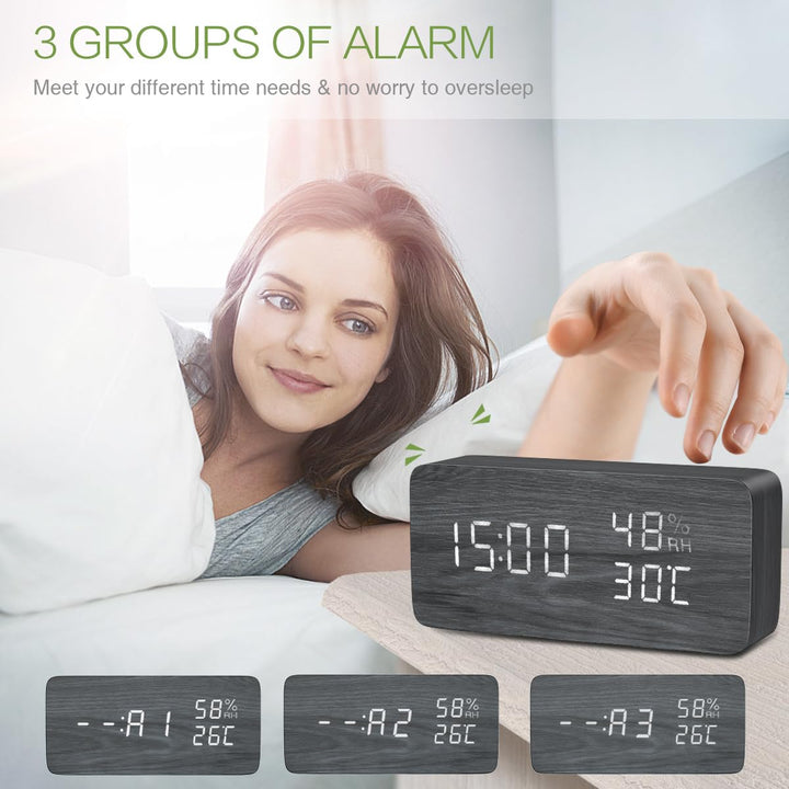 Digital Wooden Alarm Clock, Electronic LED Desktop Clock with Temperature Humidity Time Display, 3 Alarm Settings, Voice Control, 3 Levels Adjustable Brightness for Home, Bedroom, Office