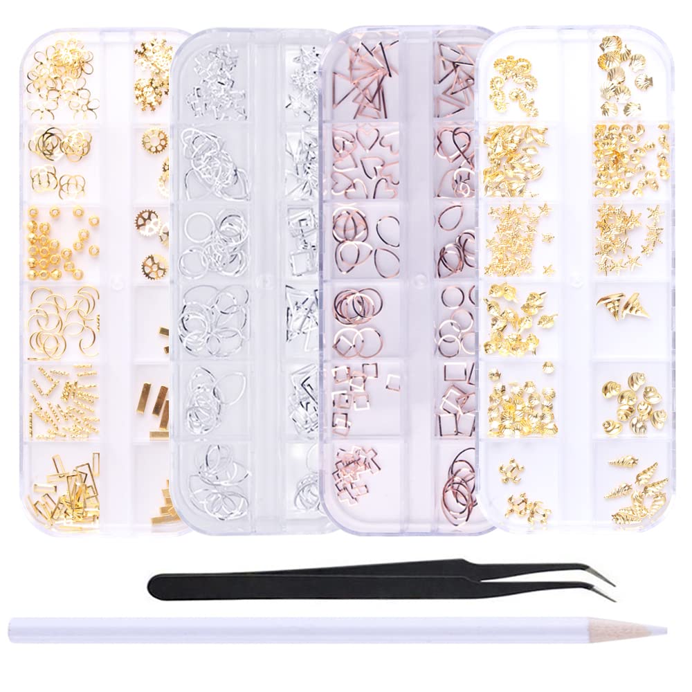 WOKOTO 4 Boxes Hollow Metal Nail Studs Rose Gold Silver Geometry Nail Charm Kit 3D Nail Art Jewelry Decoration With 1Pc Tweezers And Picker Pencil