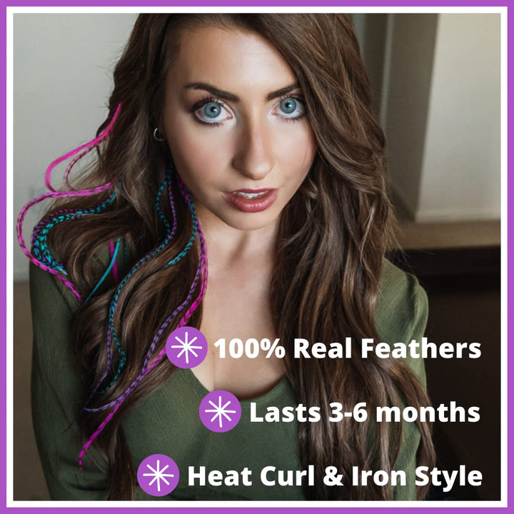 Feather Hair Extensions, 100% Real Rooster Feathers, Long Pink, Purple, Blue Colors, 20 Feathers with Bonus FREE Beads and Loop Tool Kit