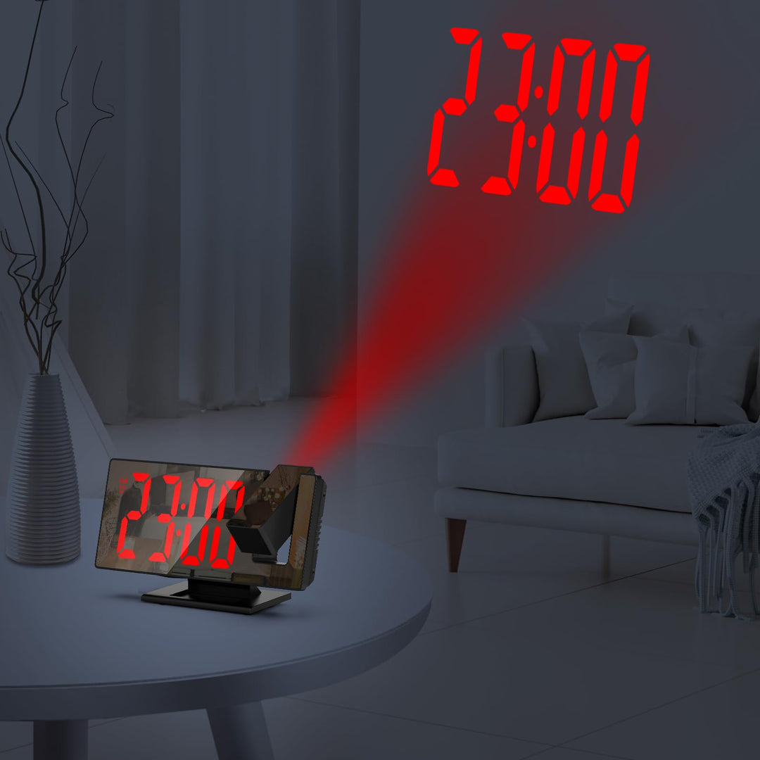 Projection Alarm Clock, LED Electronic Alarm Clock, Mirror Alarm Clock for Bedroom, with Large Display, Temperature, Adjustable Brightness, Snooze