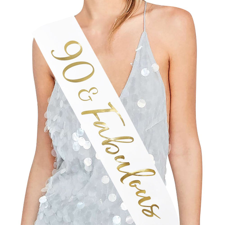 90 and Fabulous Satin Sash - 90th Birthday Sash 90 Birthday Gifts Party Favors, Supplies and Decorations (White)