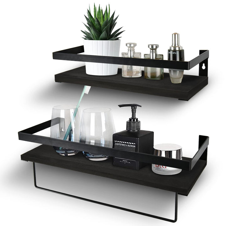 Y&amp;ME YM Bathroom Storage Shelf Wall Mounted Set of 2, Bathroom Towel Rack Set of 2, Rustic Wood Floating Shelves with Removable Towel Bar,Perfect for Kitchen, Bathroom (Brown)