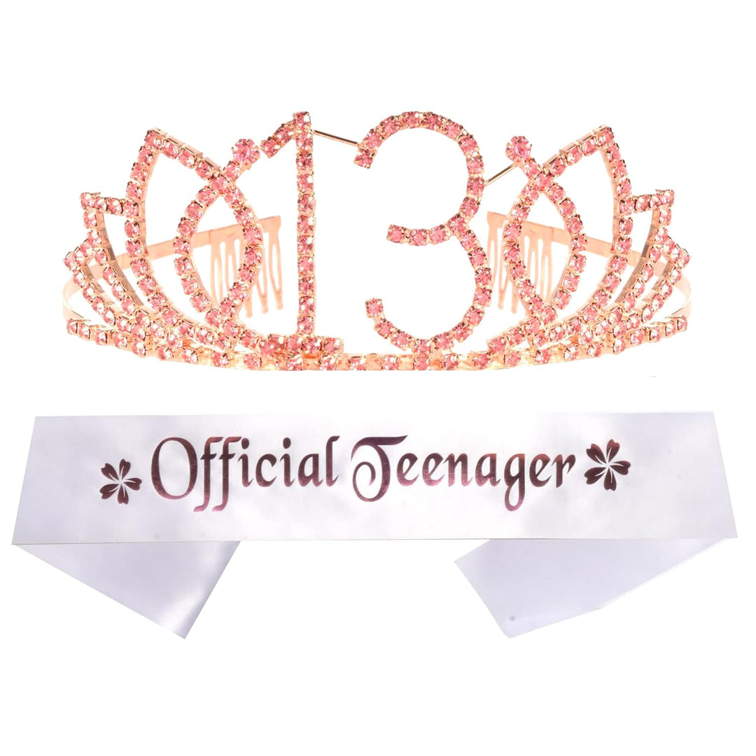 13th Birthday Tiara and Sash, Happy 13th Birthday Party Supplies, Official Teenager Satin Sash Tiara Birthday Crown,13th Birthday Party Supplies and Decorations, 13th Birthday Decorations for Girls