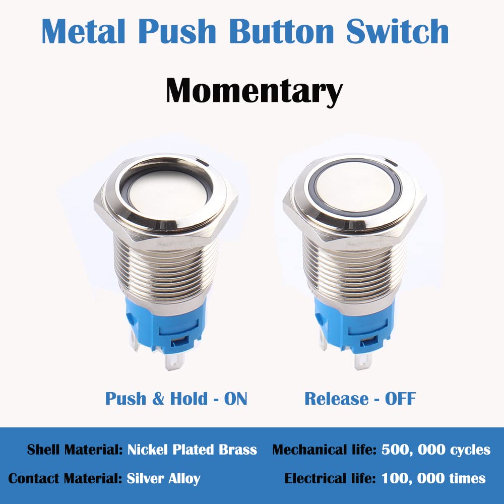 5pcs 16mm Metal Waterproof Momentary Push Button Switch Self-Reset Silver Shell 5/8 Mounting Hole, 12V-24V ON Off 5Pins 1NO 1NC Plug in Halo Ring LED Light 5Colors (Blue,Orange,Green,Red,White)