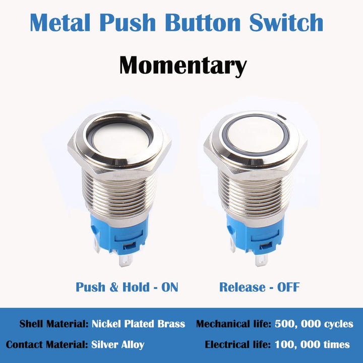 5pcs 16mm Metal Waterproof Momentary Push Button Switch Self-Reset Silver Shell 5/8 Mounting Hole, 12V-24V ON Off 5Pins 1NO 1NC Plug in Halo Ring LED Light 5Colors (Blue,Orange,Green,Red,White)