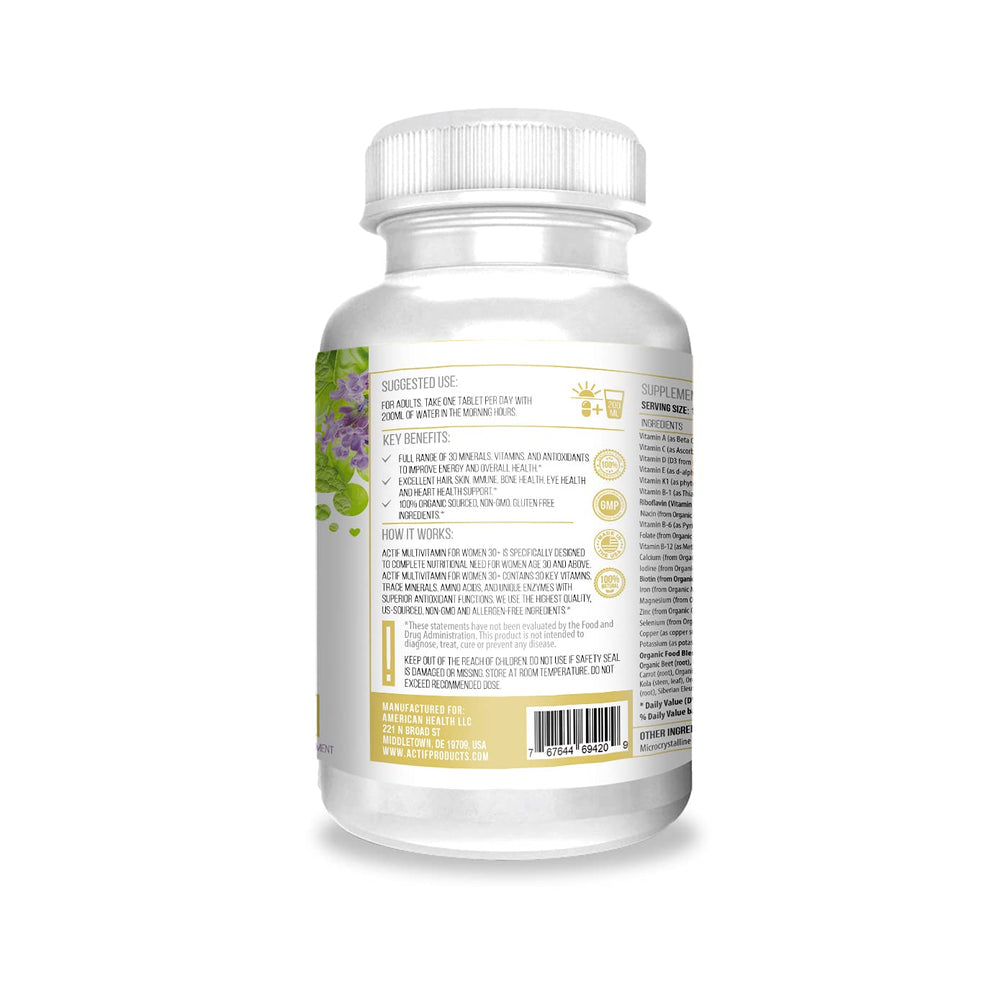 Actif Organic Multivitamin for Women Age 30+ with 30 Organic Vitamins and Organic Herbs, Non-GMO, Made in USA, 2-Month Supply