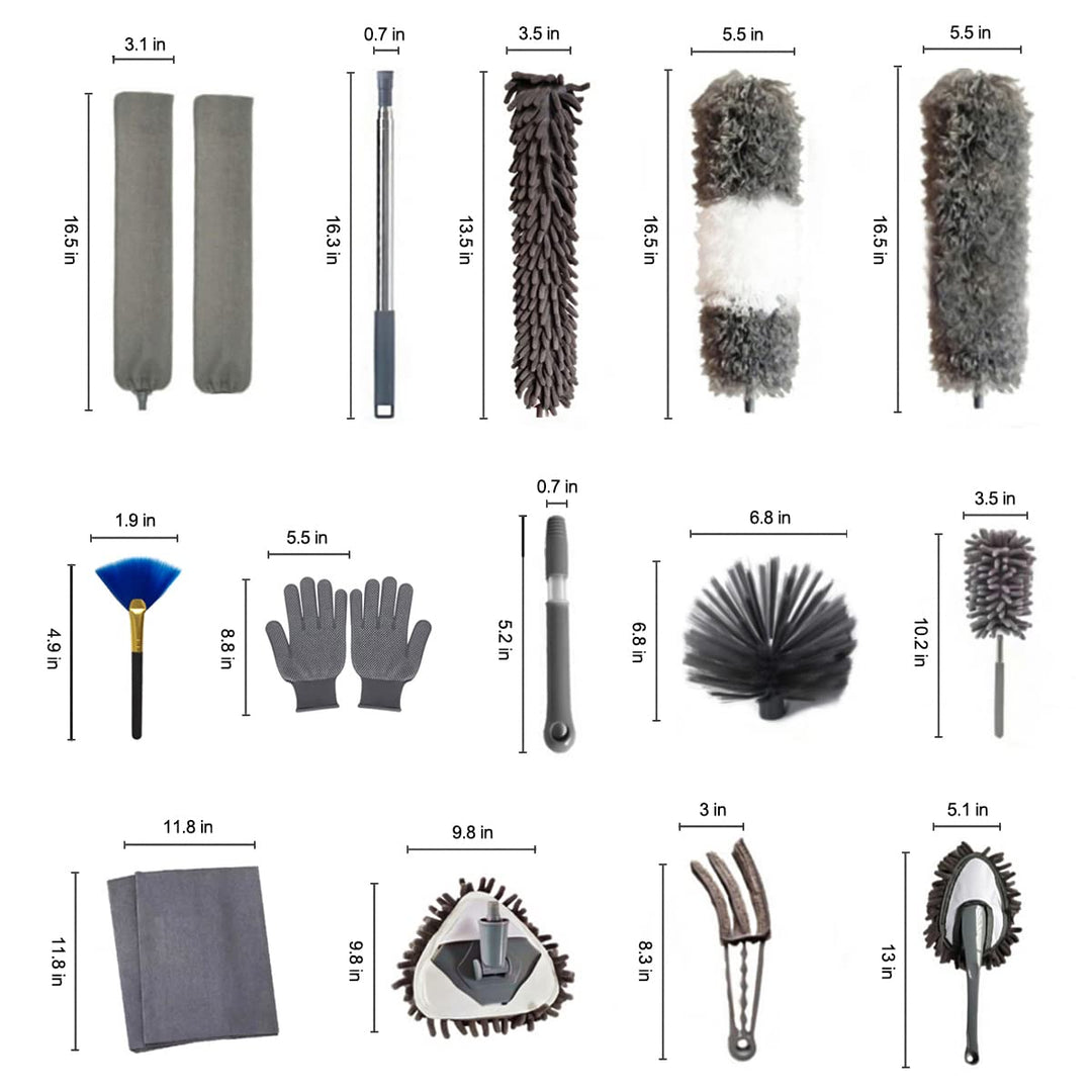 Adbzen Duster Household Cleaning Supplies Kit 16pcs Microfiber Feather Duster 100in Extension Pole Reusable Bendable Cobweb Duster Window High Ceiling Fan Gap Cleaner