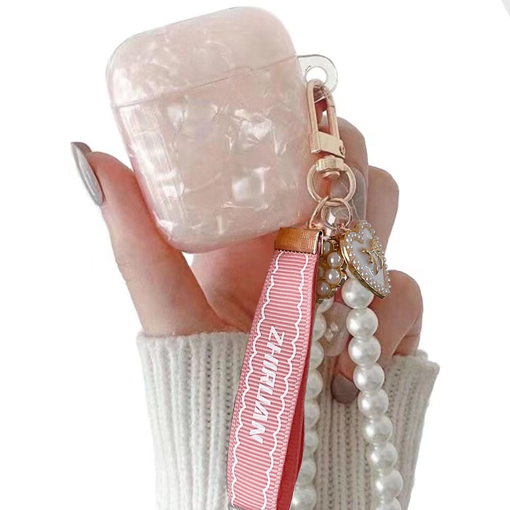 Airpods Case Earbuds Case Protective Cover Skin with Pearl Keychain Airpods Accessories Compatible with AirPods Charging Case 2 &amp; 1 (Pink)