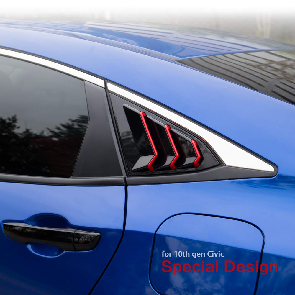 for 10th Gen Civic Rear Side Window Louvers Racing Style Triangular Window Glass Blinds Compatible with Honda Civic Sedan 2021 2020 2019 2018 2017 2016 -Piano Black with Red Trim