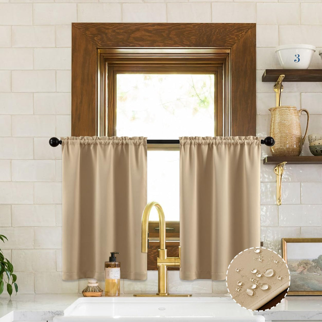 Beige Blackout Curtains for Bedroom,Waterproof Light Blocking Insulated Thermal Room Darkening Curtains for Kitchen 30 x 24 Inches Long
