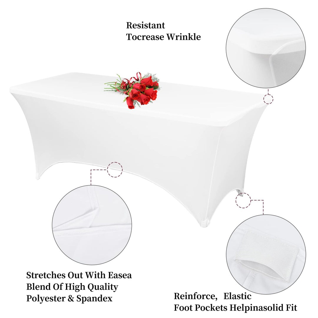 5 Pack Stretch Spandex Table Cover for 6 Ft Table, Washable and Wrinkle Resistant Stretchable Tablecloth, Rectangular Fitted Patio Tablecloth Protector for Wedding Event Banquet Parties-White