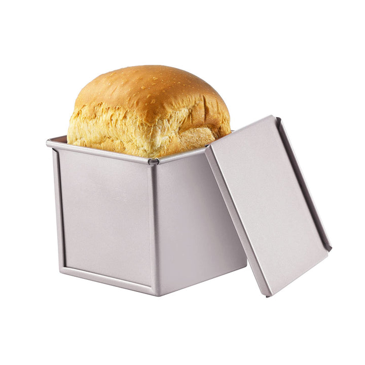 Mini Pullman Loaf Pan with Lid, 0.55Lb Dough Capacity Non-Stick Rectangle Flat Toast Box for Oven Baking 3.9 x 3.9x 3.9(Champagne Gold)