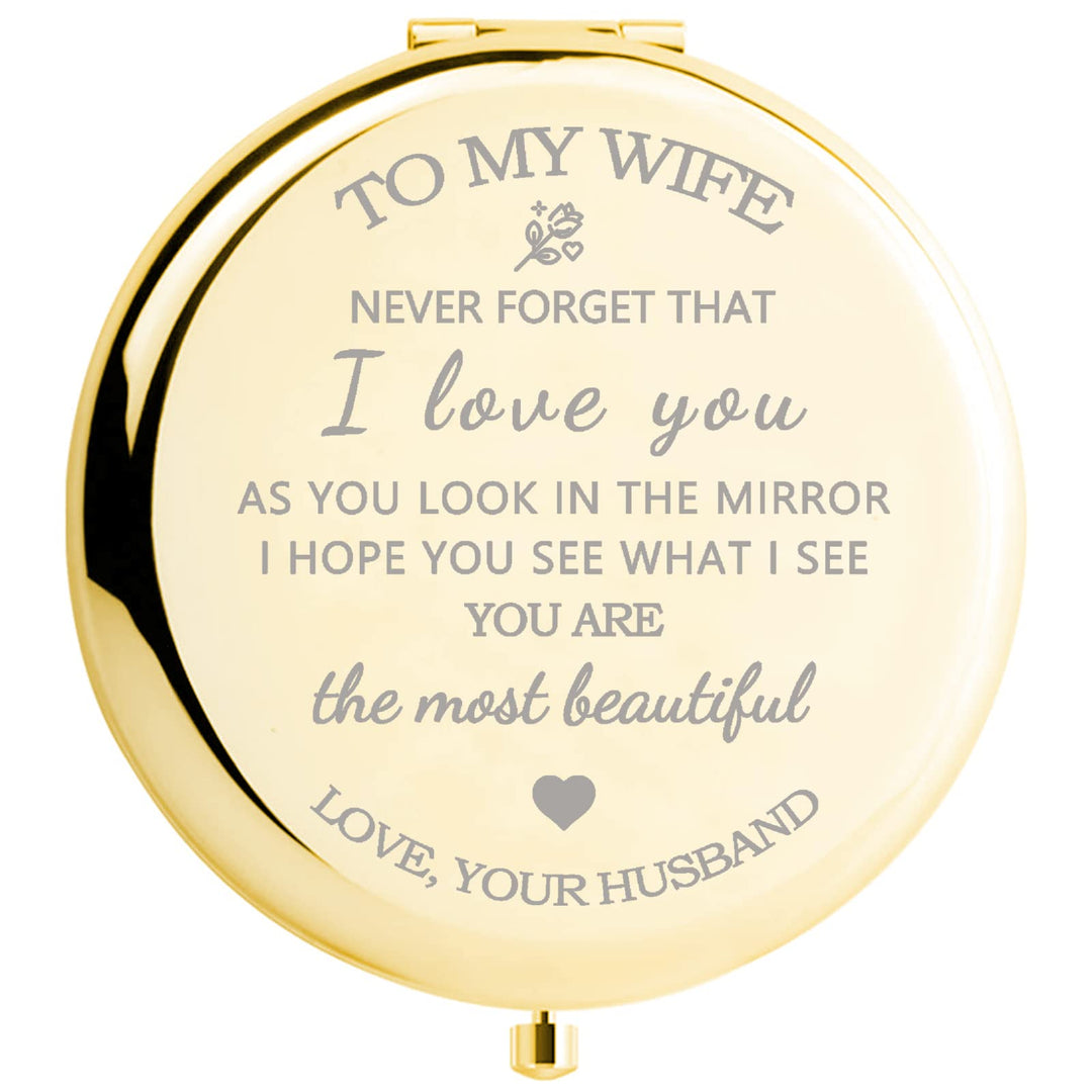 Gifts for Wife - I Love You Wife Gift Gold Compact Mirror for Her Birthday, Wedding, Valentines Day, Mothers Day, or Christmas