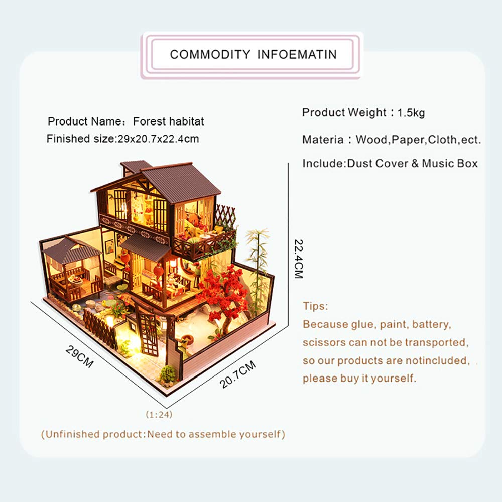 Dollhouse Miniature with Furniture, DIY Wooden Dollhouse Kit Plus Dust Proof and Music Movement, 1:24 Scale Creative Room Idea (Forest Habitat)