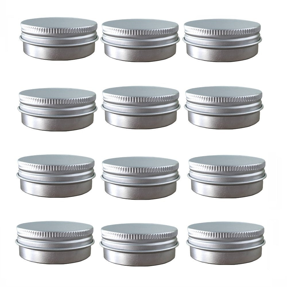 Aluminum Tin Jars, Cosmetic Sample Metal Tins Empty Container Bulk, Round Pot Screw Cap Lid, Small Ounce for Candle, Lip Balm, Salve, Make Up, Eye Shadow, Powder (12 Pack, 1 Oz/30ml)