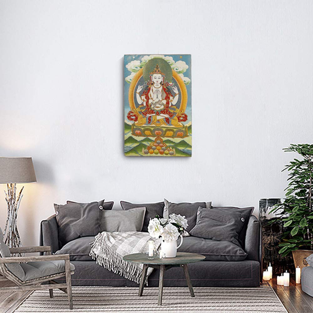 Silk Embroidery Tibetan Thangka with Four Arms Kwan Yin Avalokitesvara Wall Hanging for Home Décor Tapestry Meditation