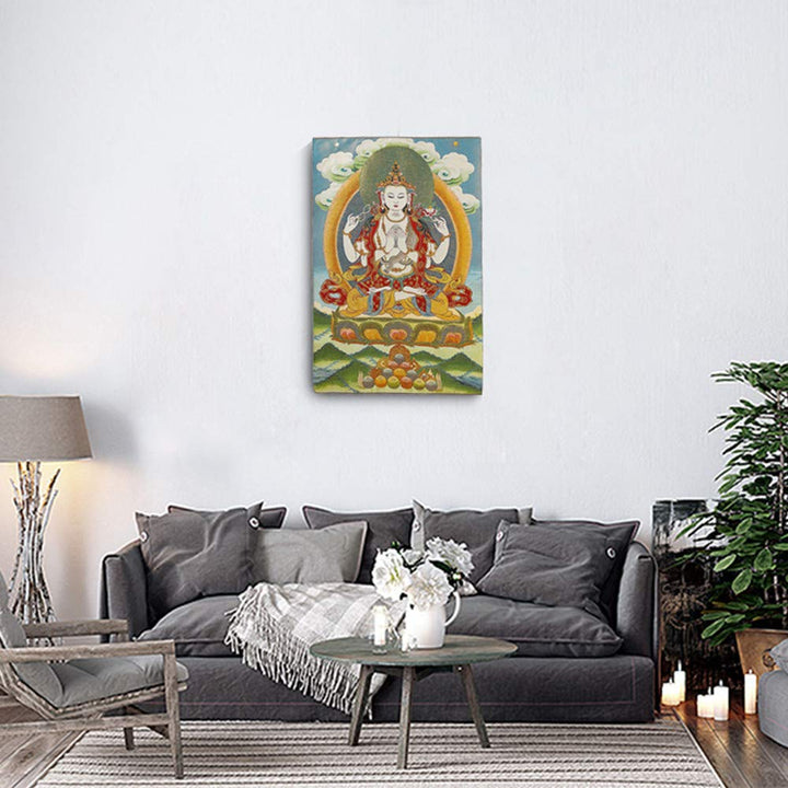 Silk Embroidery Tibetan Thangka with Four Arms Kwan Yin Avalokitesvara Wall Hanging for Home Décor Tapestry Meditation