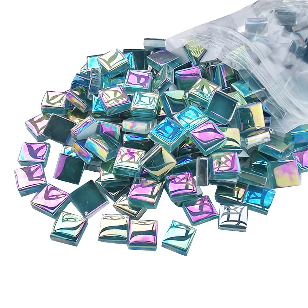 Mosaic Tiles Square Iridescent Crystal Mosaic Glass Tile for Crafts, Mosaic Pieces DIY Picture Frames Handmade Jewelry Art Decoration Gifts,100 Pieces (Cyan)