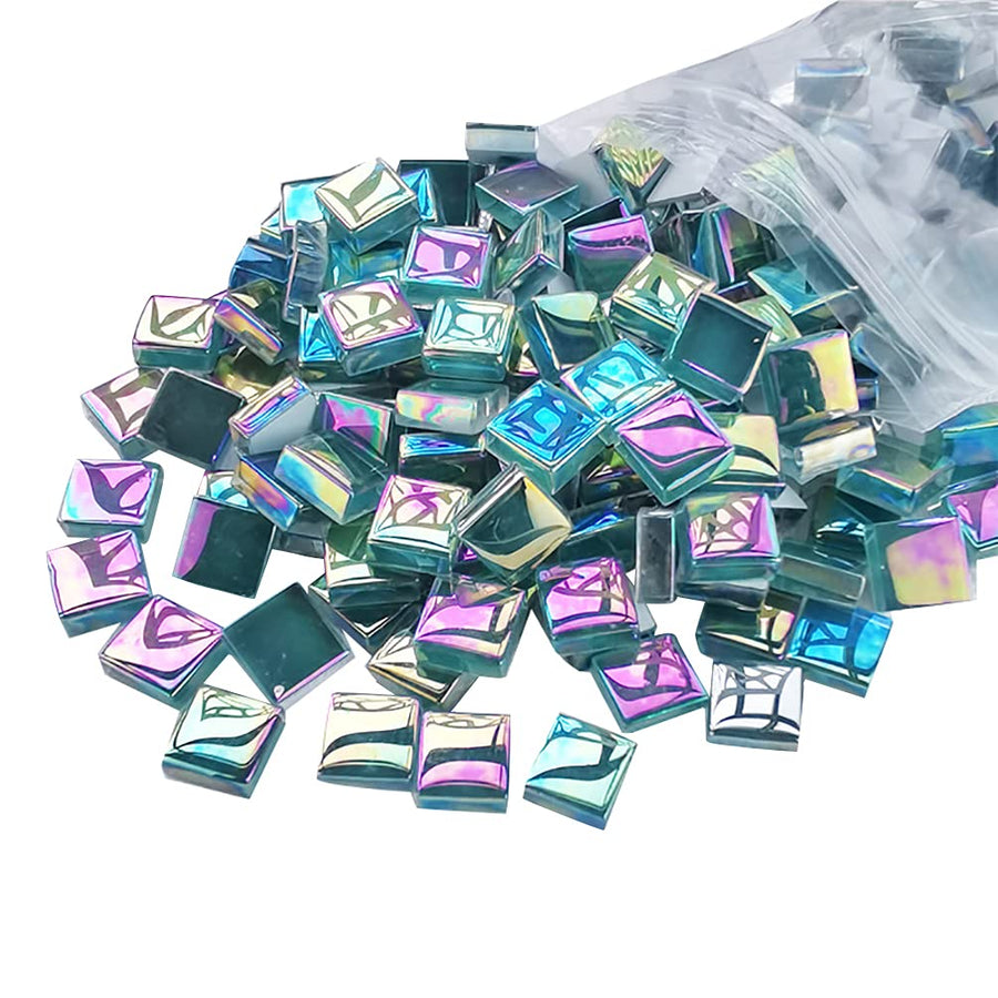 Mosaic Tiles Square Iridescent Crystal Mosaic Glass Tile for Crafts, Mosaic Pieces DIY Picture Frames Handmade Jewelry Art Decoration Gifts,100 Pieces (Cyan)