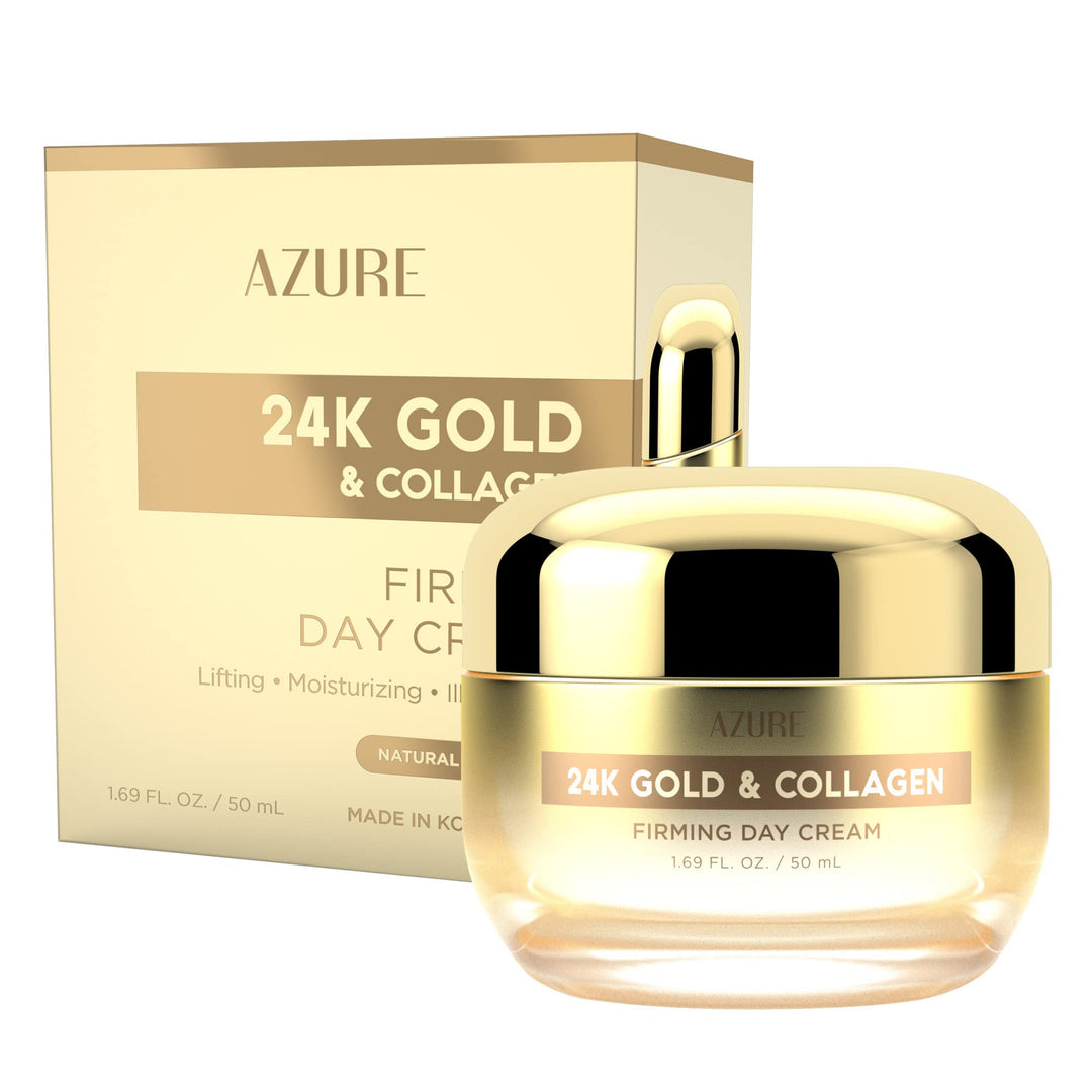 AZURE 24K Gold &amp; Collagen Firming Day Cream - Moisturizing, Illuminating &amp; Lifting | Reduces Wrinkles &amp; Fine Lines | Anti Aging &amp; Toning | Made in Korea - 50mL