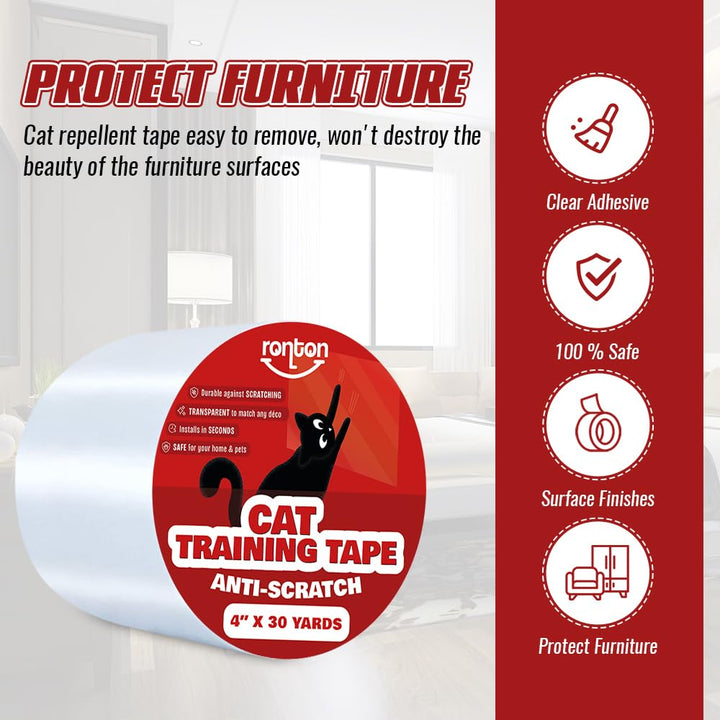 Anti Cat Scratch Deterrent Tape, 4 x 30 Yards Roll Anti Cat Scratch for Furniture | 100% Transparent - Double Sided Cat Training Tape| Couch, Door, Furniture Protector