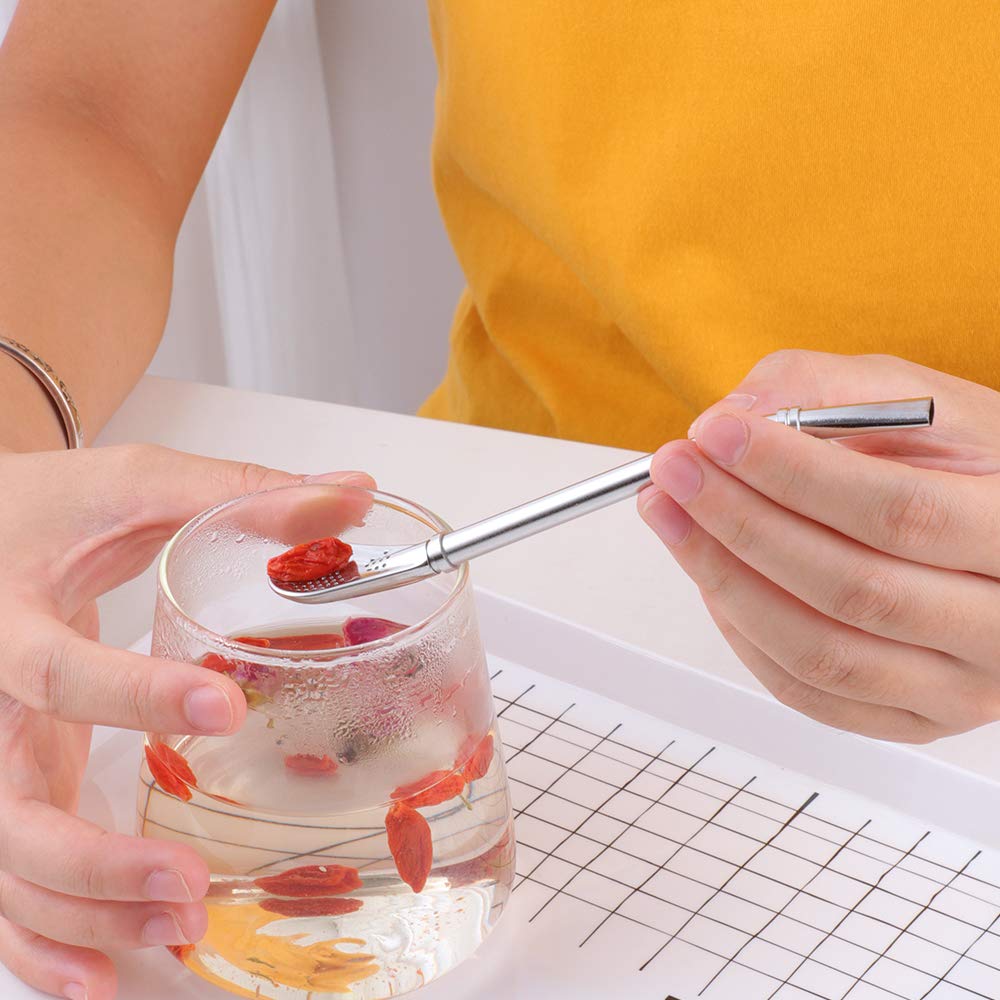 3in1 Metal Straw Spoons for Drinks, 18/8 Stainless Steel Reusable Tea Filter Stirring Drinking Straws,Set of 10, 6.2 inch (8 Straws+ 2 brushes) (Silver)