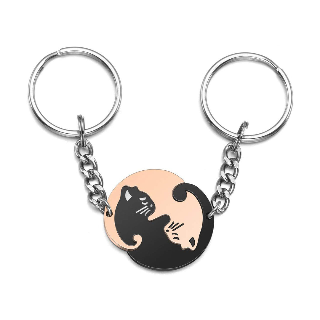 2pcs Stainless Steel Couples Keychains Black Rose Gold Cat Puzzle Piece Matching Couple Keychain Set Yin Yang Matching Puzzle Keychain His &amp; Her Lover Gift