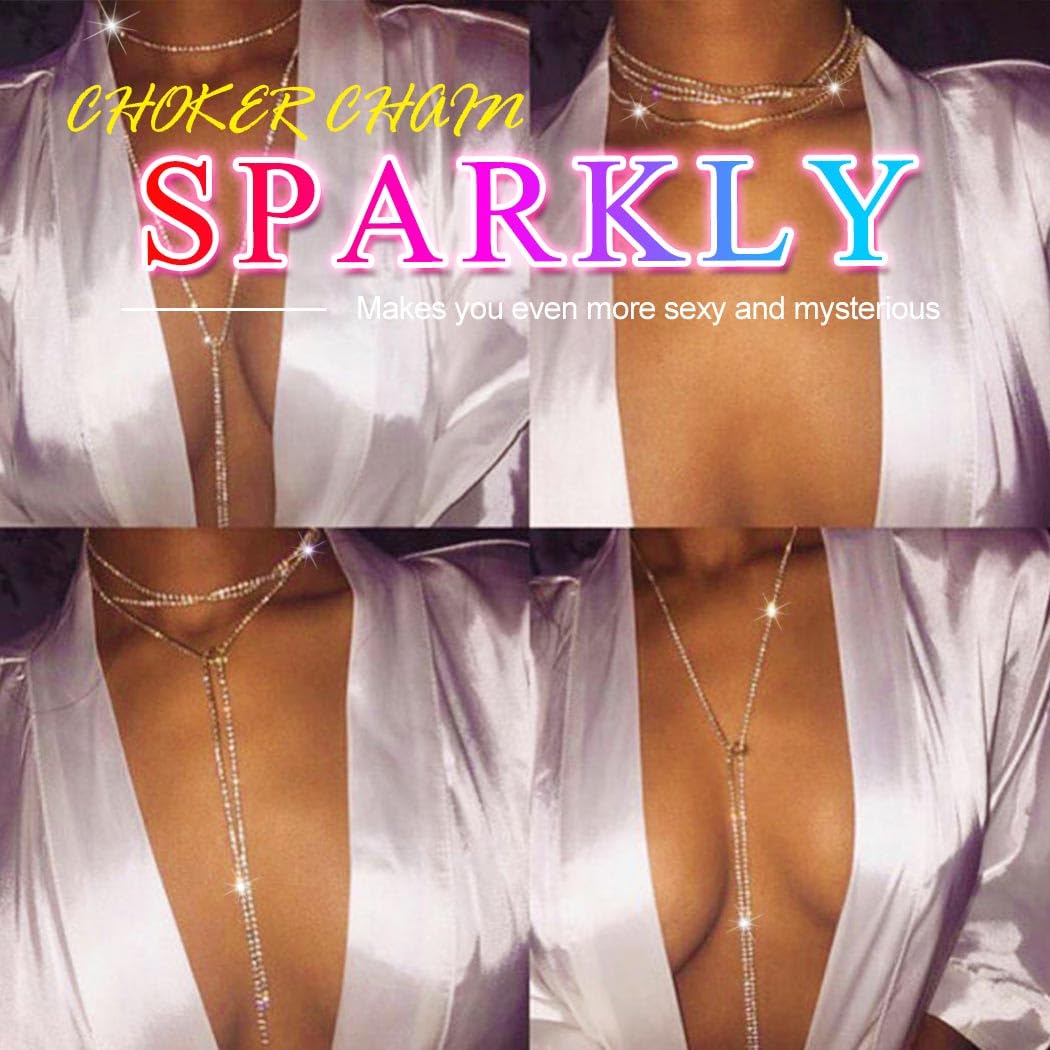 Rhinestone Long Necklace Jewelry Sparkly Crystal Choker Necklaces Sexy Beach Necklace Chain for Women (Silver)