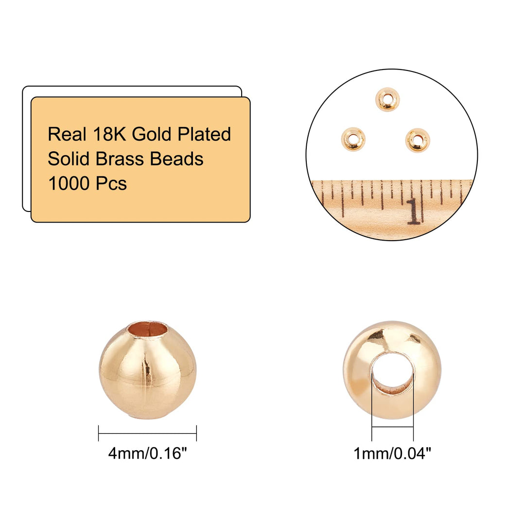 About 1000 Pcs Real 18K Gold Plated Solid Brass Beads, 4mm Metal Spacer Beads Smooth Spacer Beads Gold Beads for Jewelry Making Tarnish Free Beads, 1.2mm Hole