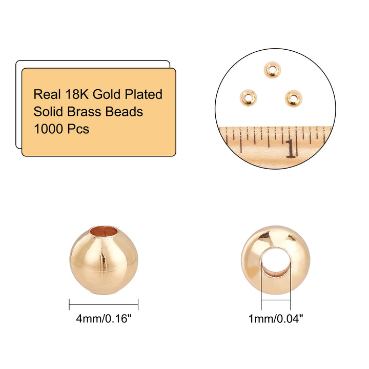 About 1000 Pcs Real 18K Gold Plated Solid Brass Beads, 4mm Metal Spacer Beads Smooth Spacer Beads Gold Beads for Jewelry Making Tarnish Free Beads, 1.2mm Hole