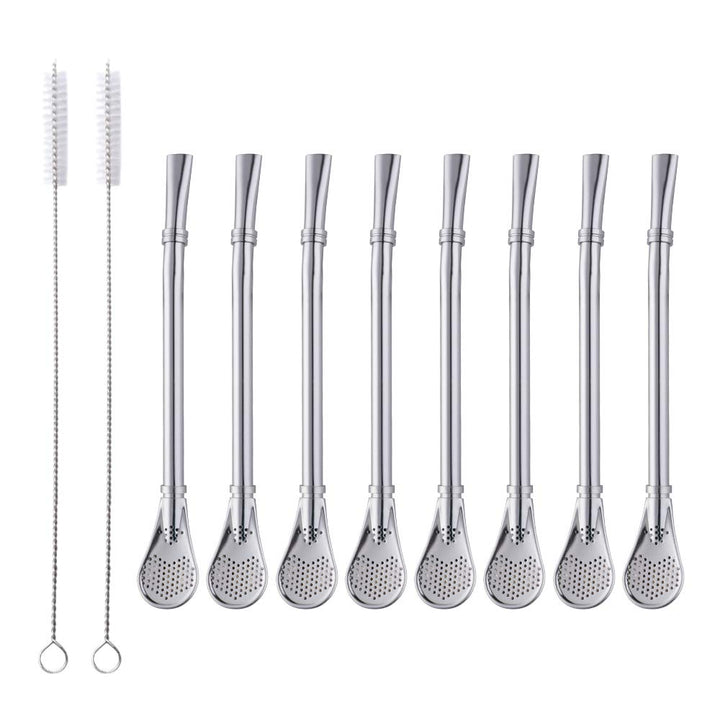 3in1 Metal Straw Spoons for Drinks, 18/8 Stainless Steel Reusable Tea Filter Stirring Drinking Straws,Set of 10, 6.2 inch (8 Straws+ 2 brushes) (Silver)