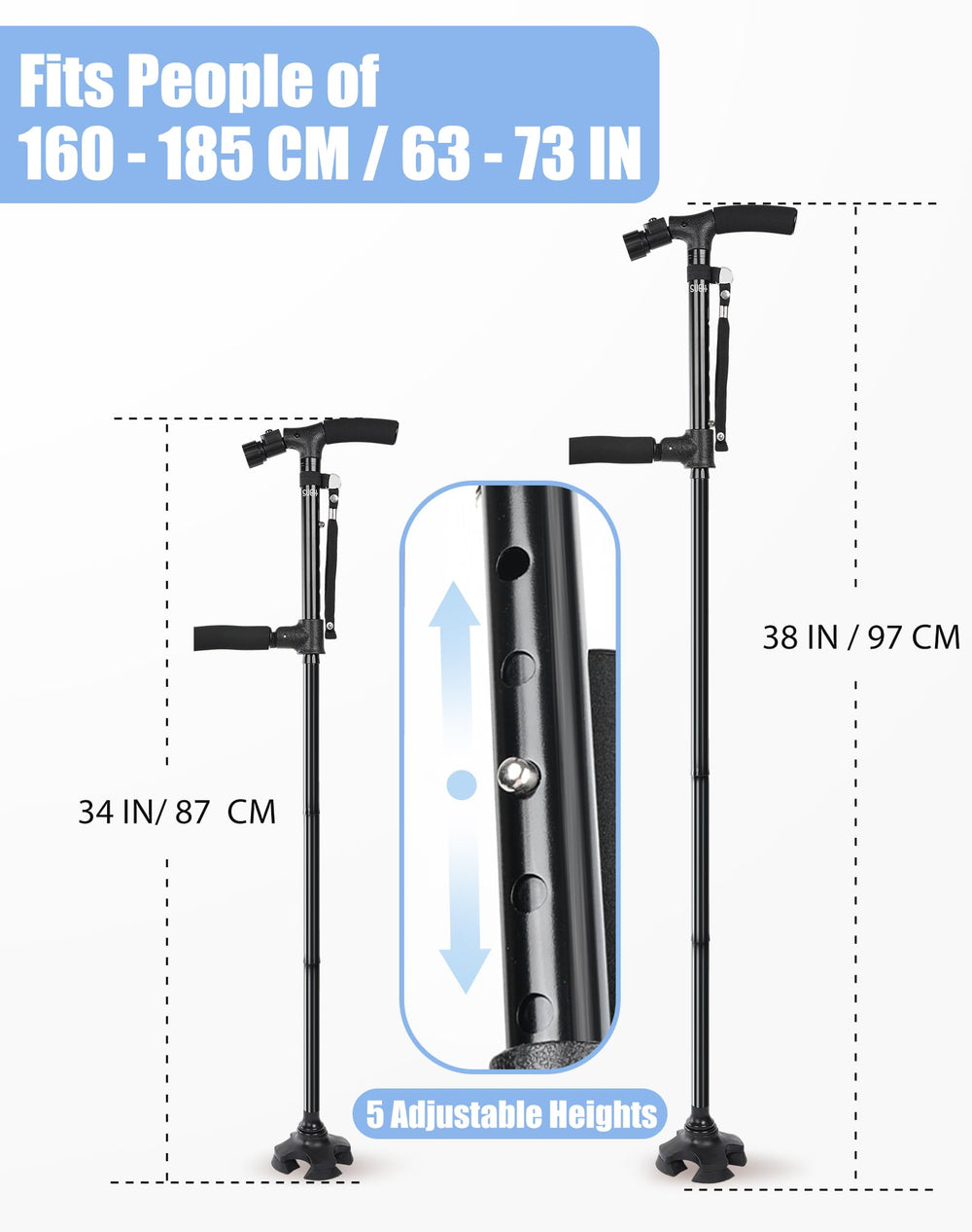 Folding Walking Cane with LED Light for Men and Women, 5 Heights Adjustable, Collapsible Elderly Walking Stick with Side Handle, Black
