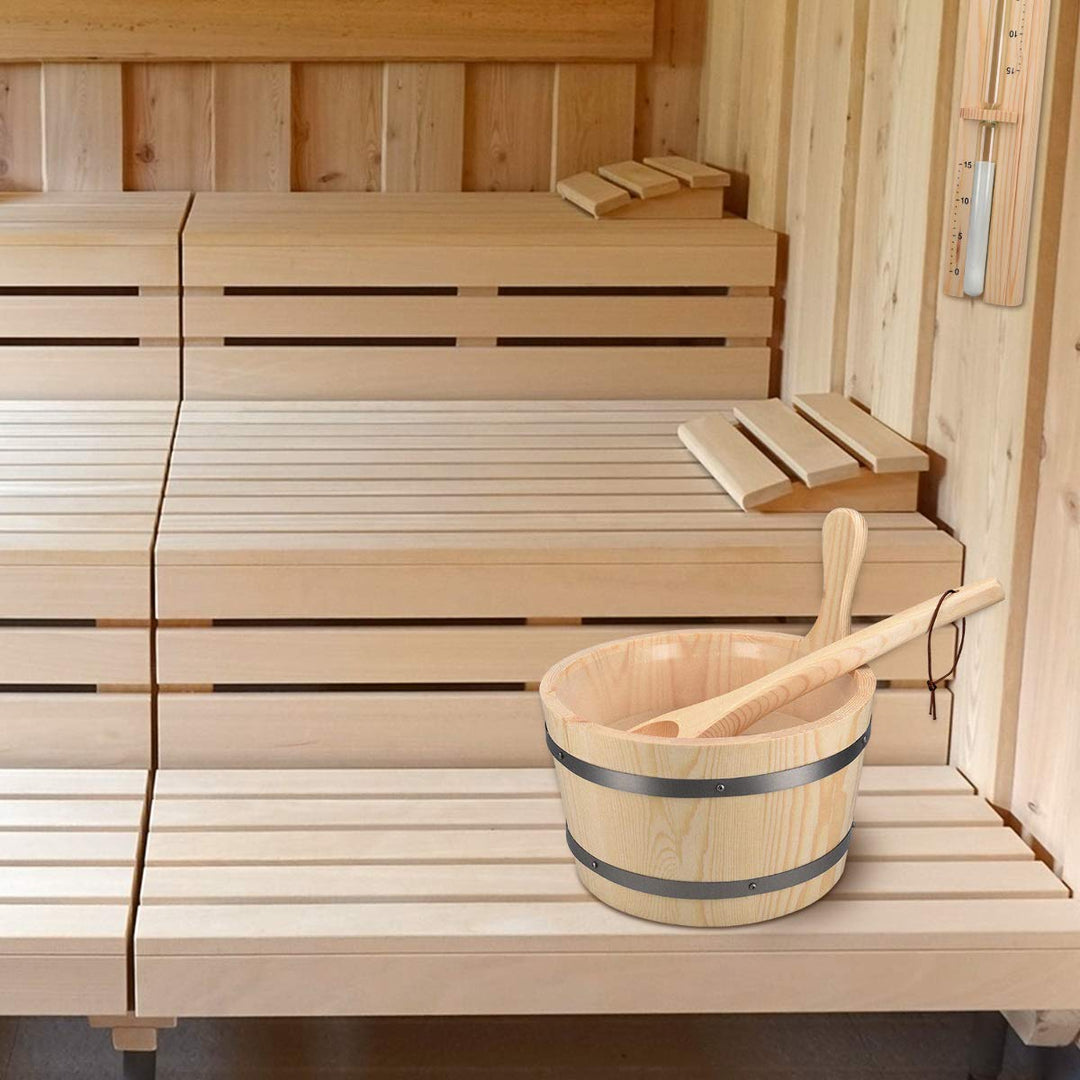 Wooden Sauna Bucket with Ladle - Essential Spa Accessory for Steam Room with 1.3 Gallon Pine Wood Bucket, Plastic Liner, Ladle, Sand Timer
