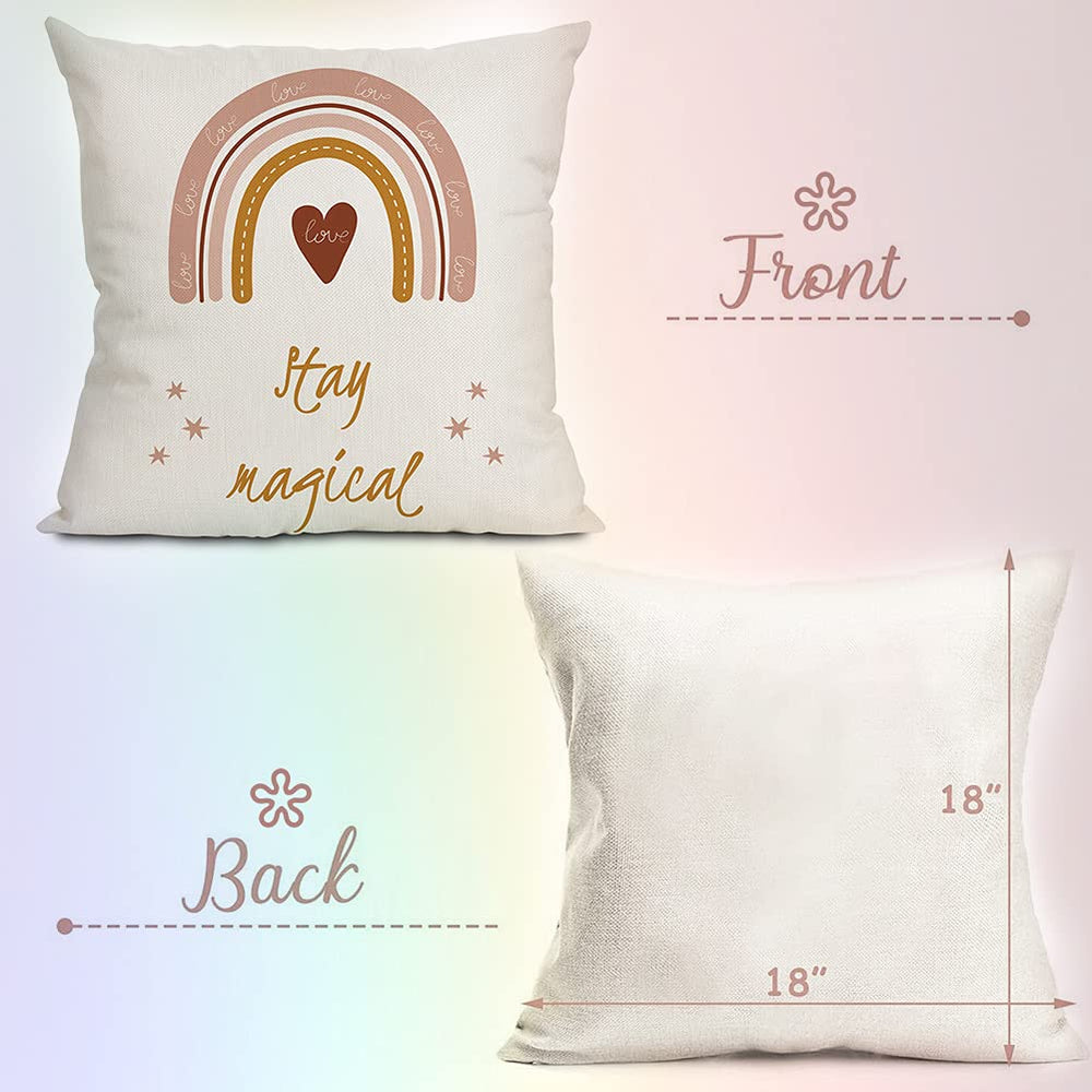Boho Rainbow Throw Pillow Covers, 18 x Inch Theme Cases Cotton Linen Pillowcases Square Cushion Case for Baby Nursery Bedroom Sofa Home Decor Set of 4 (Rainbow) (BA-08)