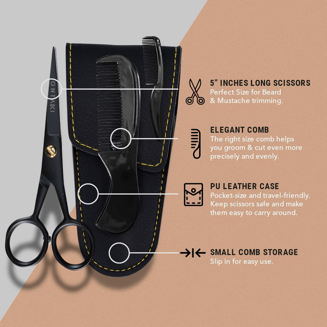 Ontaki 5 Professional German Beard &amp; Mustache Scissors with 2 Comb &amp; Carrying Pouch for Men - Bevel Edge for Precision - Facial Hair Grooming Kit All Body Hair - Black - Beard Trimming Scissors