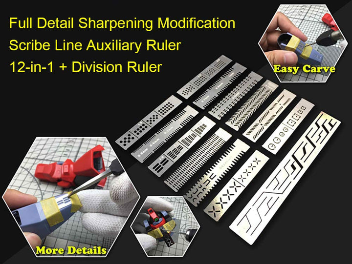 13 in 1 Scribing Template Ruler, Hobby Model Craft Carving Auxiliary Ruler Stencils, Stainless Steel Drill Hole Detail Maker Scribe Line Apply to Gundam Model Engraving Detail Building and Repairing